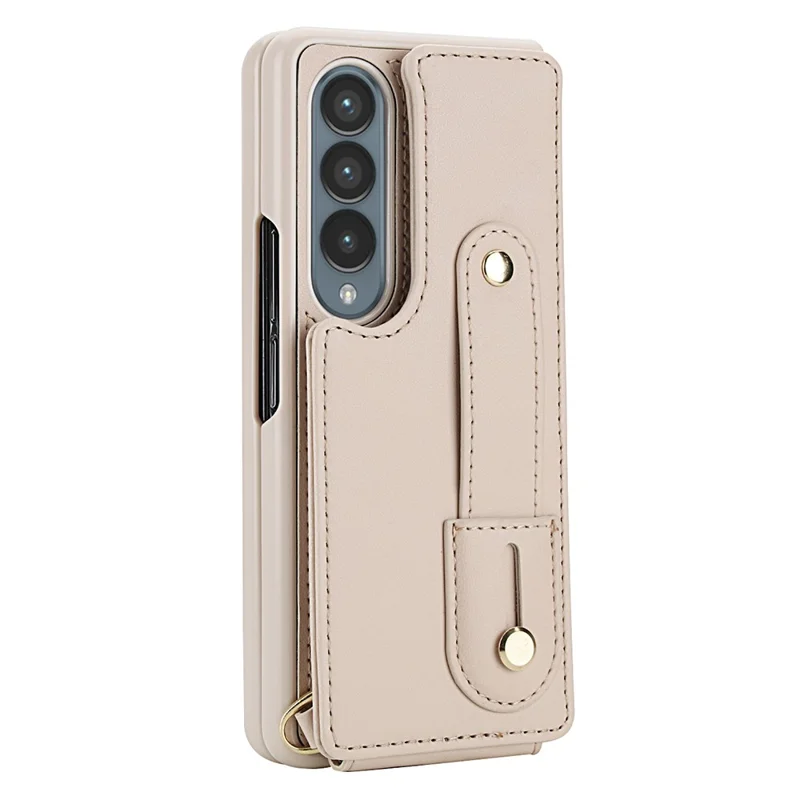 Cover per Samsung Galaxy Z Fold4 5G con Supporto, Slot per Carte, Rivestimento in Pelle e TPU con Tracolla - Beige
