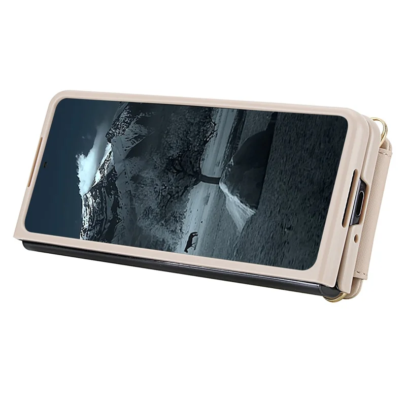 Cover per Samsung Galaxy Z Fold4 5G con Supporto, Slot per Carte, Rivestimento in Pelle e TPU con Tracolla - Beige