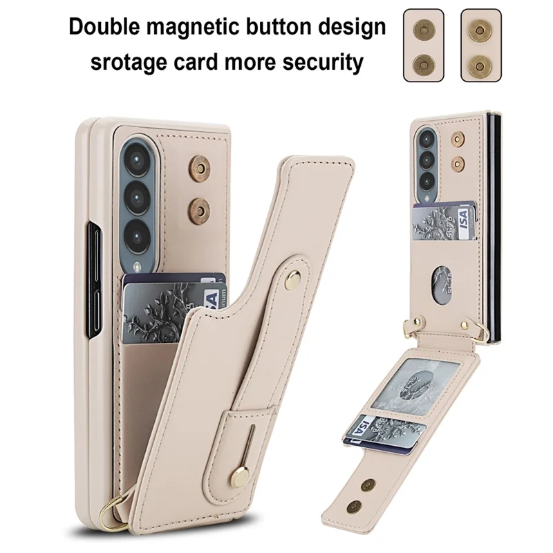 Cover per Samsung Galaxy Z Fold4 5G con Supporto, Slot per Carte, Rivestimento in Pelle e TPU con Tracolla - Beige