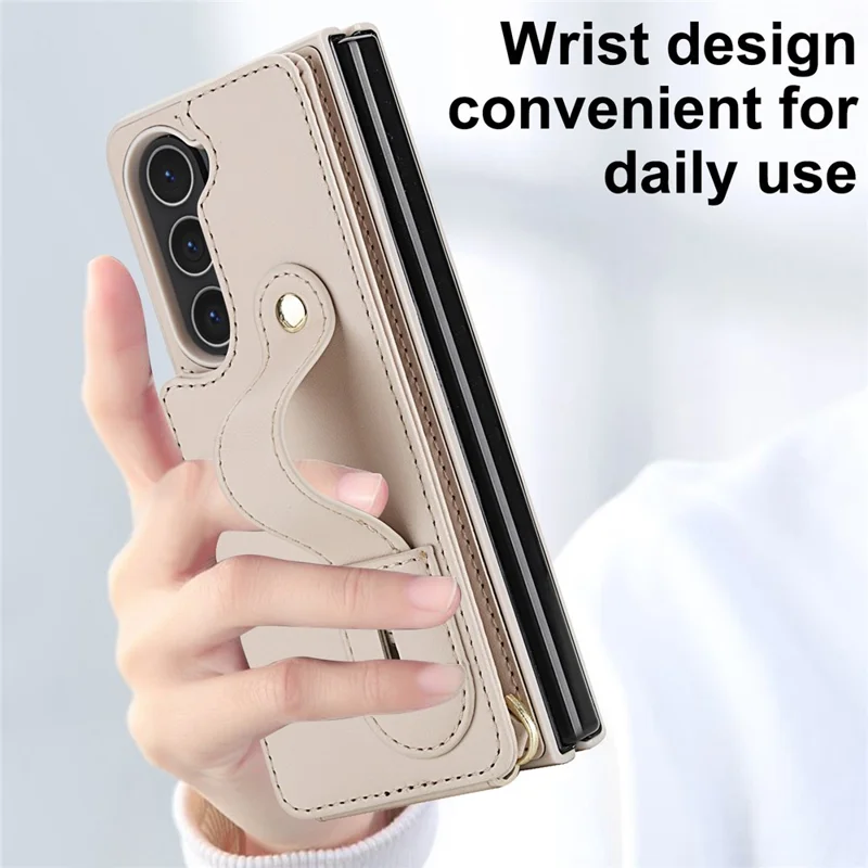 Cover per Samsung Galaxy Z Fold5 5G con Supporto, Slot per Carte, Rivestimento in Pelle e TPU con Tracolla - Beige