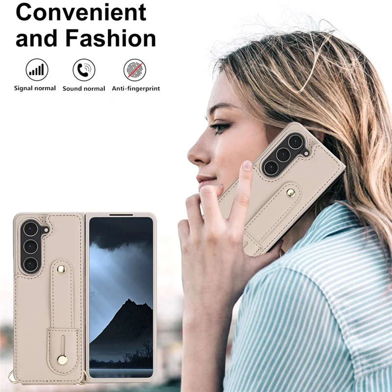 Cover per Samsung Galaxy Z Fold5 5G con Supporto, Slot per Carte, Rivestimento in Pelle e TPU con Tracolla - Beige