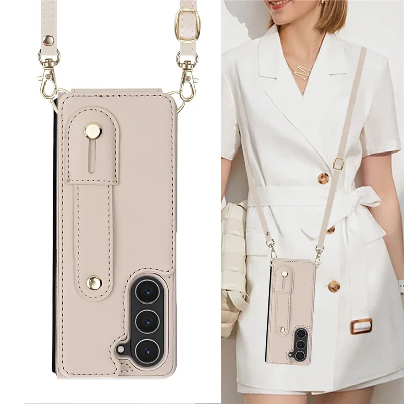 Cover per Samsung Galaxy Z Fold5 5G con Supporto, Slot per Carte, Rivestimento in Pelle e TPU con Tracolla - Beige
