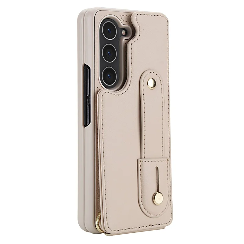 Cover per Samsung Galaxy Z Fold5 5G con Supporto, Slot per Carte, Rivestimento in Pelle e TPU con Tracolla - Beige