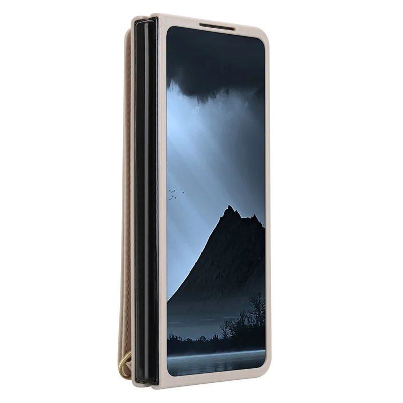 Cover per Samsung Galaxy Z Fold5 5G con Supporto, Slot per Carte, Rivestimento in Pelle e TPU con Tracolla - Beige