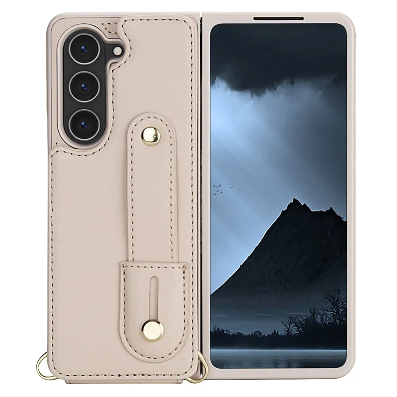 Cover per Samsung Galaxy Z Fold5 5G con Supporto, Slot per Carte, Rivestimento in Pelle e TPU con Tracolla - Beige