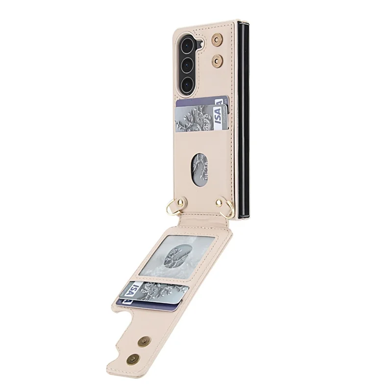 Cover per Samsung Galaxy Z Fold5 5G con Supporto, Slot per Carte, Rivestimento in Pelle e TPU con Tracolla - Beige