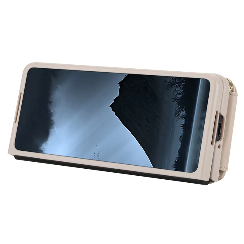 Cover per Samsung Galaxy Z Fold5 5G con Supporto, Slot per Carte, Rivestimento in Pelle e TPU con Tracolla - Beige