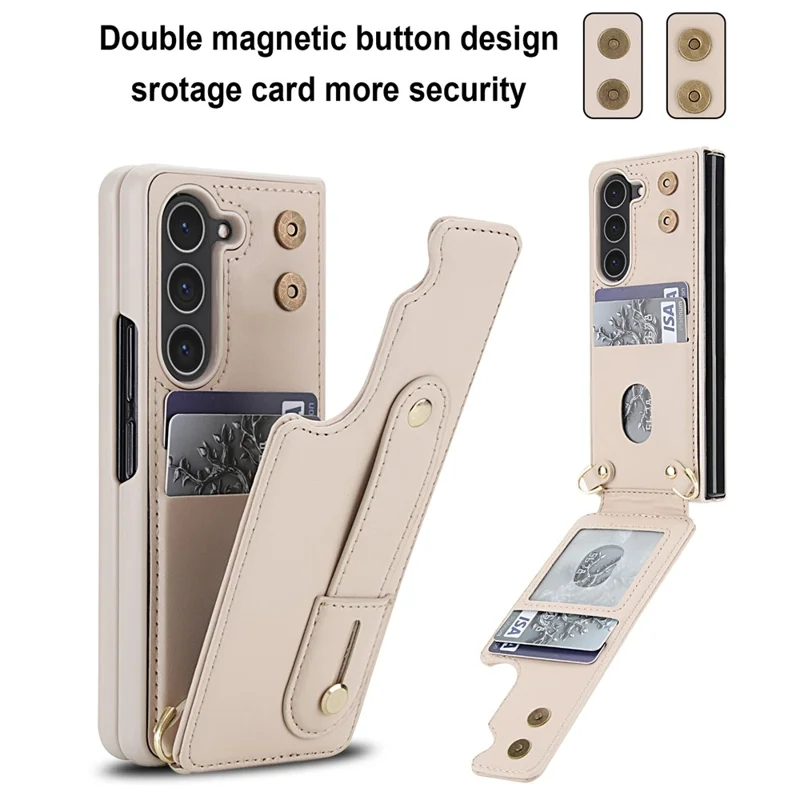 Cover per Samsung Galaxy Z Fold5 5G con Supporto, Slot per Carte, Rivestimento in Pelle e TPU con Tracolla - Beige