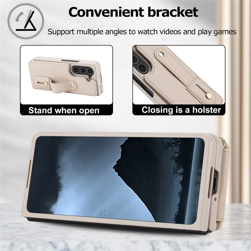 Cover per Samsung Galaxy Z Fold5 5G con Supporto, Slot per Carte, Rivestimento in Pelle e TPU con Tracolla - Beige