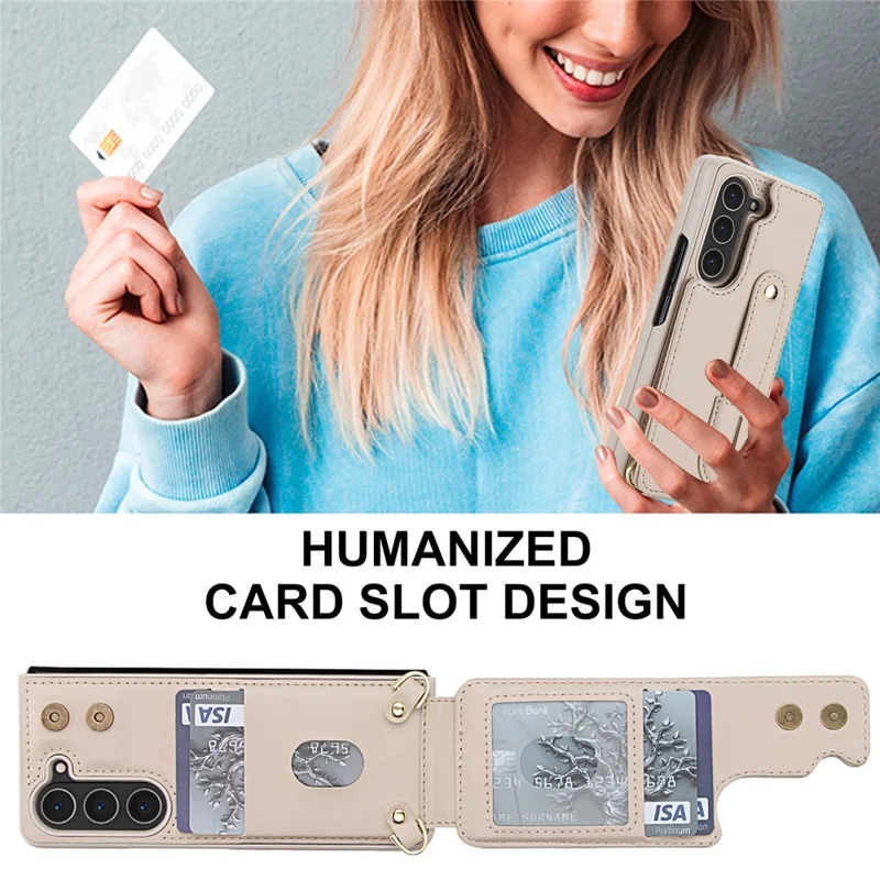 Cover per Samsung Galaxy Z Fold5 5G con Supporto, Slot per Carte, Rivestimento in Pelle e TPU con Tracolla - Beige