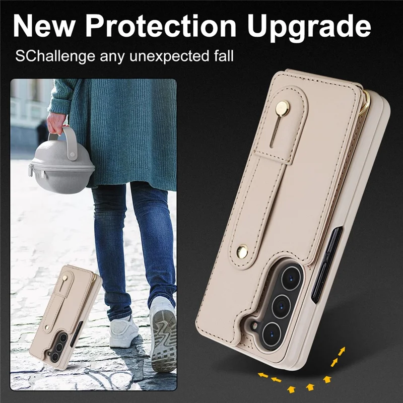 Cover per Samsung Galaxy Z Fold5 5G con Supporto, Slot per Carte, Rivestimento in Pelle e TPU con Tracolla - Beige