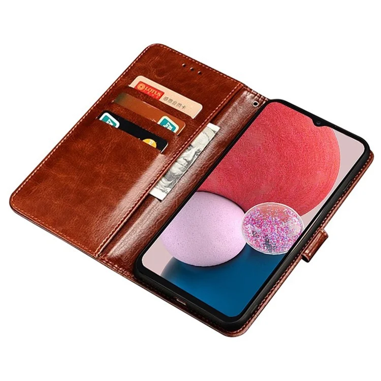 Idewei Per Samsung Galaxy A14 5G Case Per Telefono Cellulare Bag Crazy Horse Texture Anti-Scratch Flip PU Leather Supporting Stand Wallet Cover - Marrone