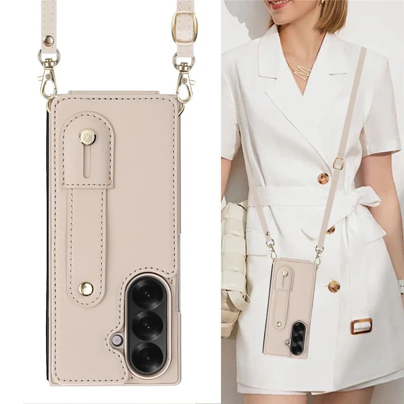 Capa para Samsung Galaxy Z Fold7 5G com Suporte, Compartimentos para Cartões, Revestimento de Couro, Capa de TPU com Alça de Ombro - Bege