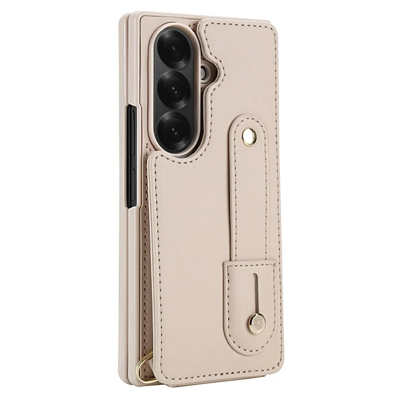 Capa para Samsung Galaxy Z Fold7 5G com Suporte, Compartimentos para Cartões, Revestimento de Couro, Capa de TPU com Alça de Ombro - Bege