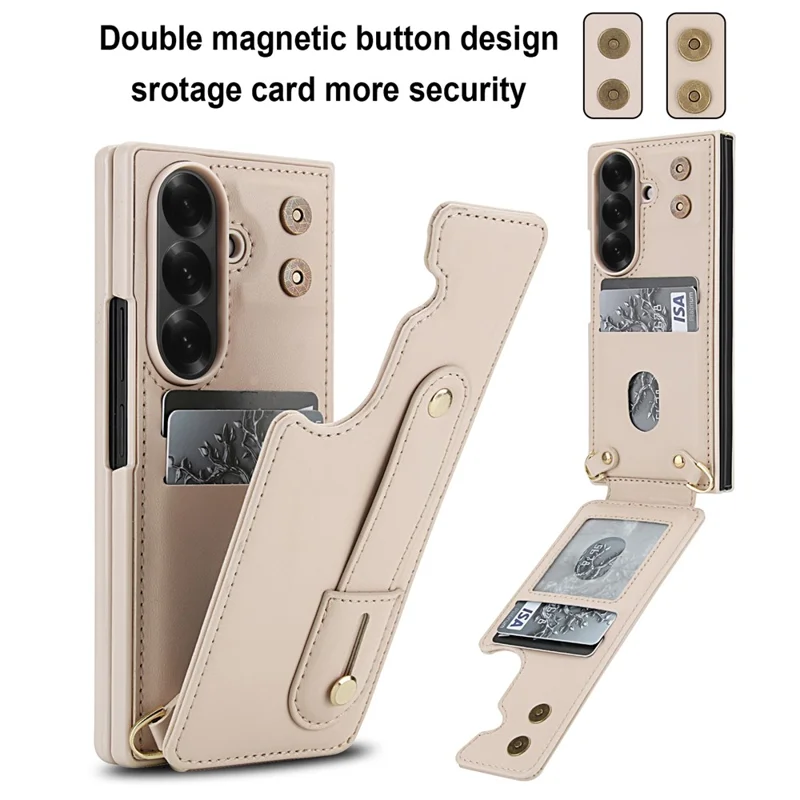 Capa para Samsung Galaxy Z Fold7 5G com Suporte, Compartimentos para Cartões, Revestimento de Couro, Capa de TPU com Alça de Ombro - Bege