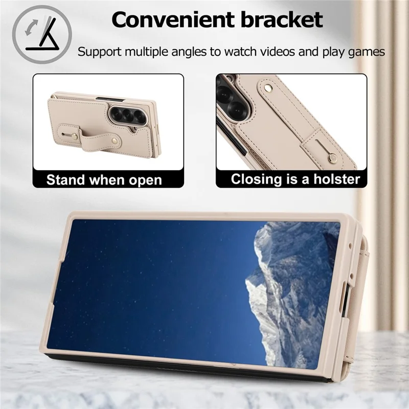 Capa para Samsung Galaxy Z Fold7 5G com Suporte, Compartimentos para Cartões, Revestimento de Couro, Capa de TPU com Alça de Ombro - Bege