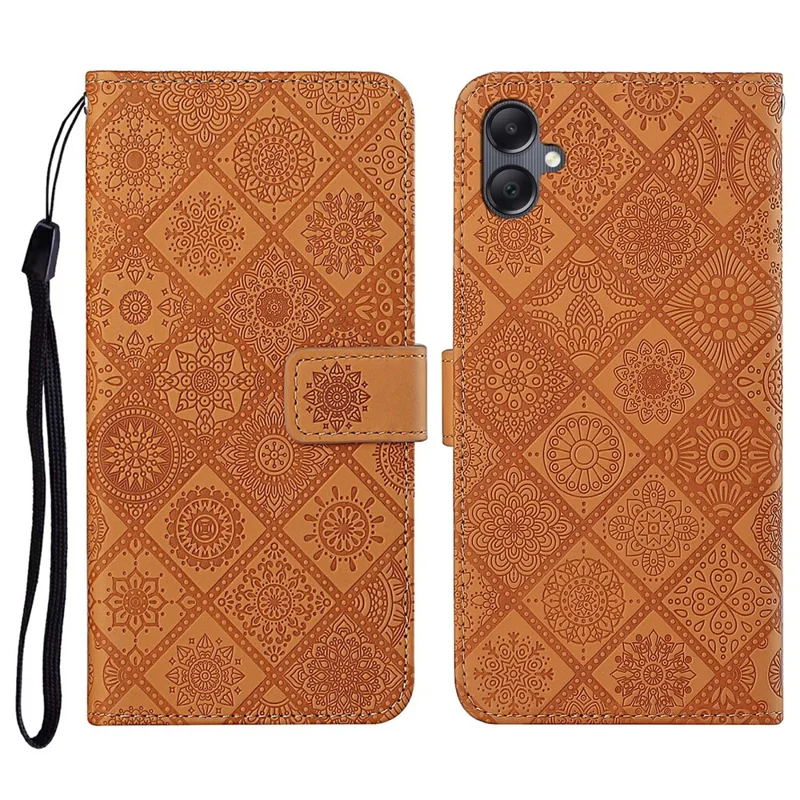 For Samsung Galaxy A07 4G Case Leather Case Ethnic Style Wallet Phone Cover with Strap - Brown