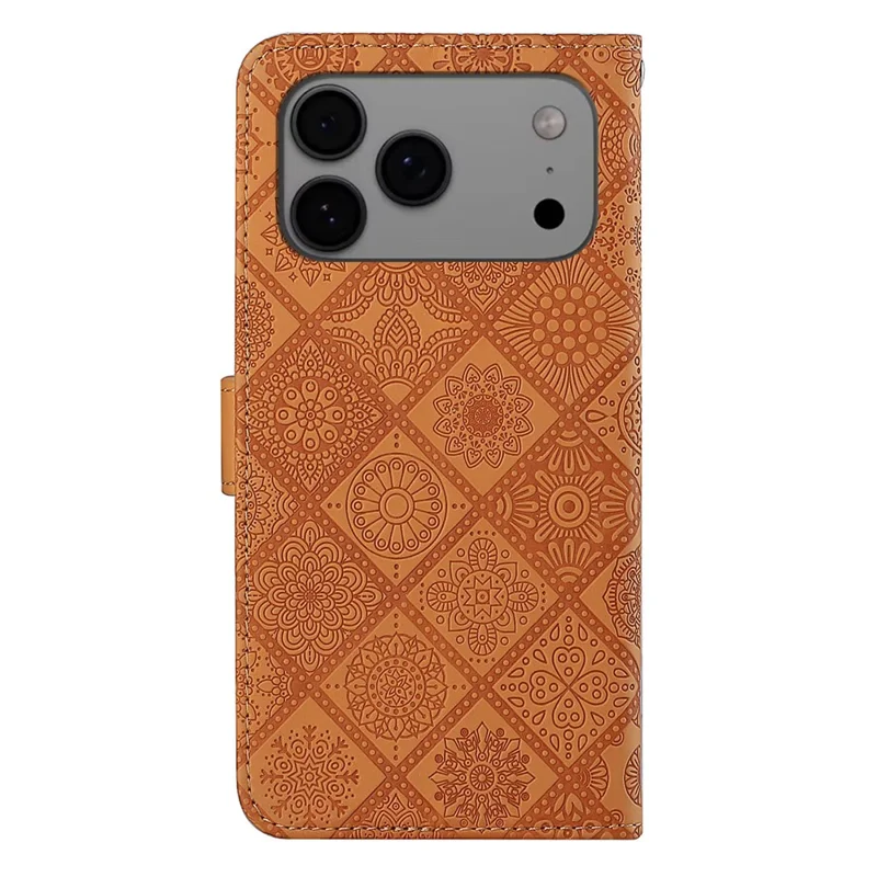 Étui en cuir de style ethnique pour iPhone 17 Pro avec porte-cartes et dragonne - Marron