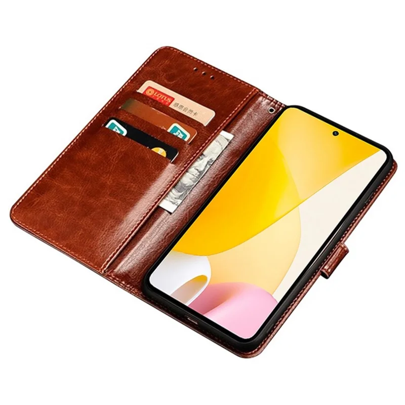 IDEWEI til Xiaomi 12 Lite 5G, telefonbeskytning med crazy horse-struktur, stødfast PU-læder med foldbar stående funktion og wallet, flipdæksel - Brun