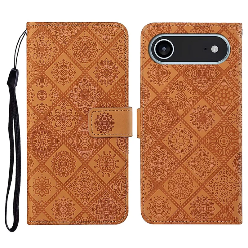Cover per iPhone 17 in Stile Etnico - Custodia Portafoglio in Pelle con Cinturino - Marrone