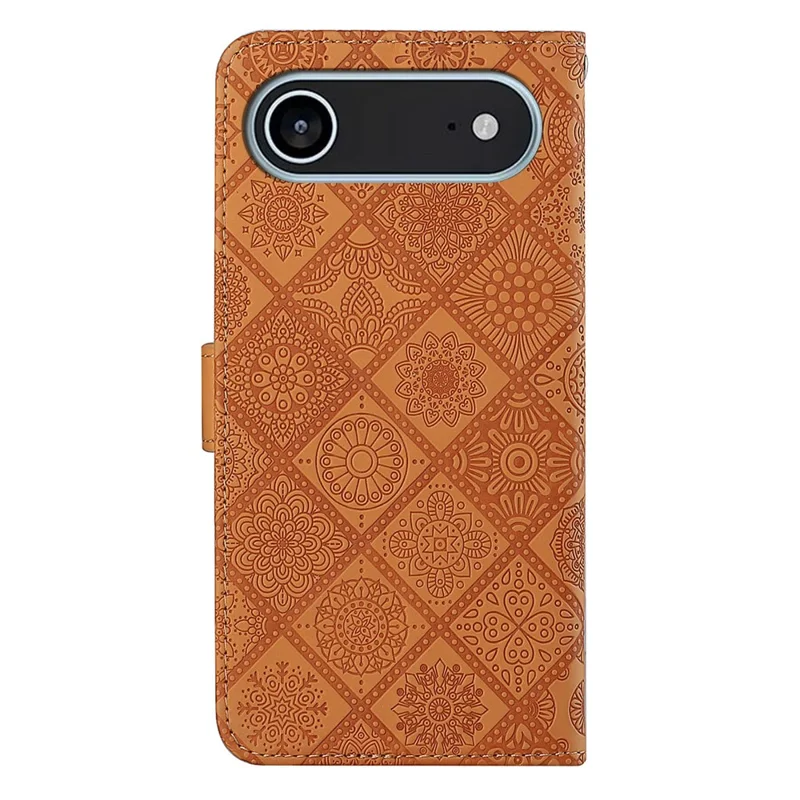 Cover per iPhone 17 in Stile Etnico - Custodia Portafoglio in Pelle con Cinturino - Marrone