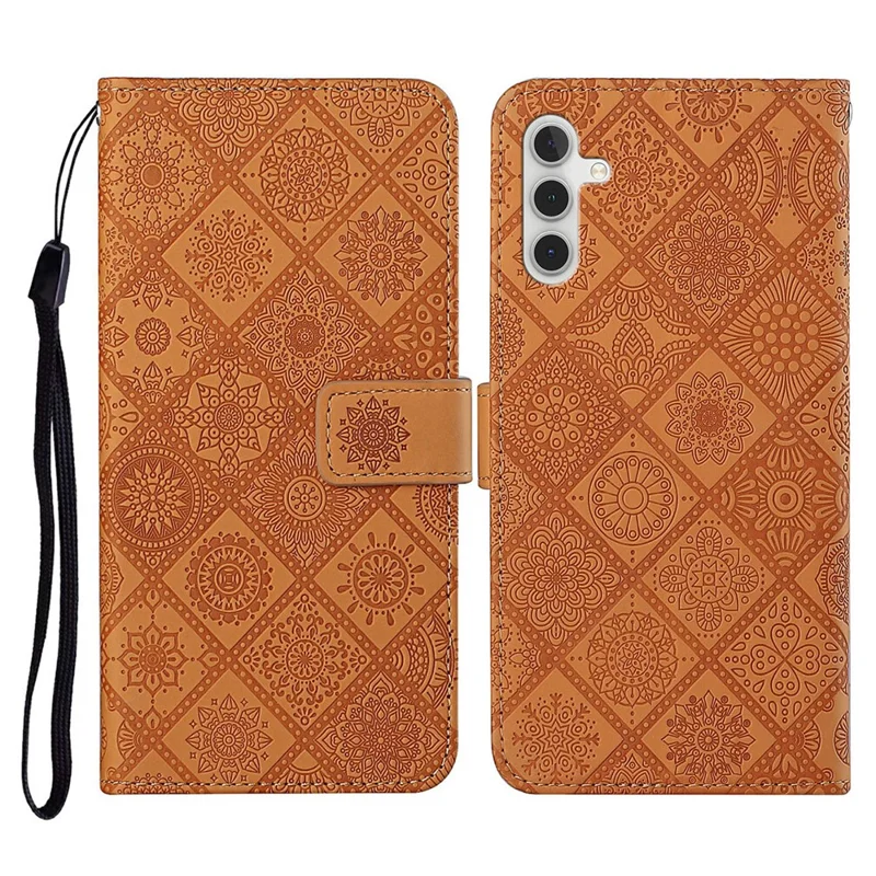 For Samsung Galaxy S25 FE Case Leather Case Ethnic Style Wallet Phone Cover with Strap - Brown