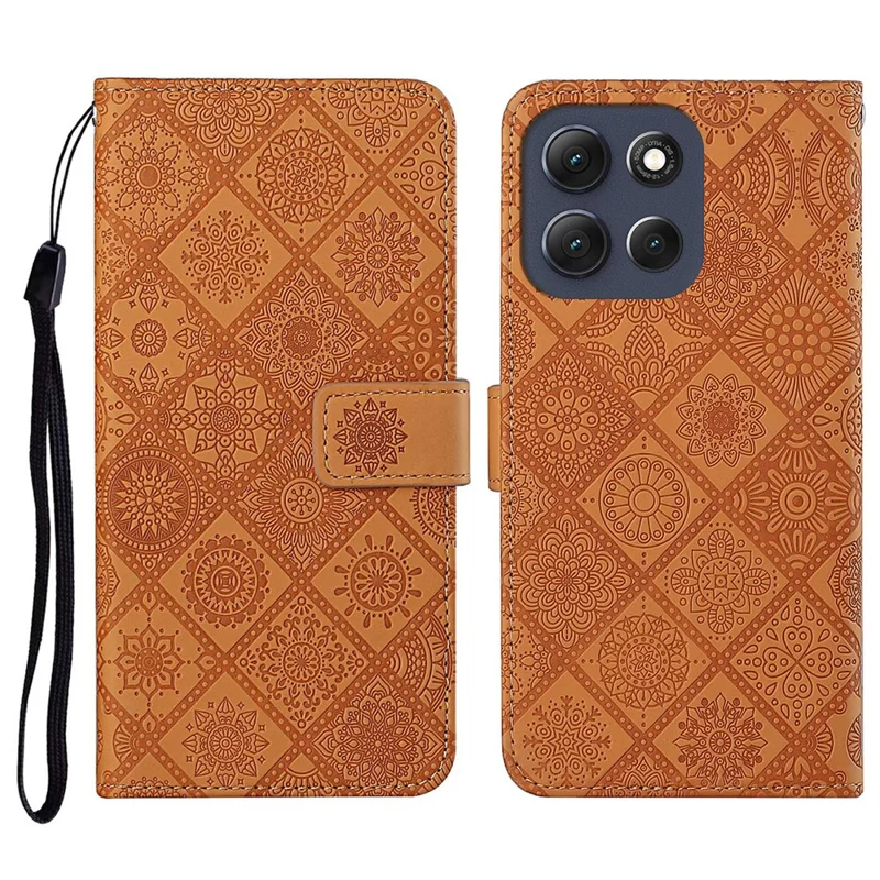 Funda de Cuero para Motorola Moto G86 5G Estilo Étnico Cartera con Correa - Marrón
