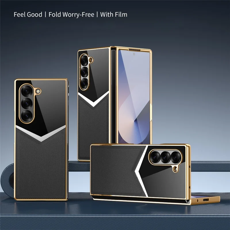 Pour Samsung Galaxy Z Fold6 5G Étui Véritable Cuir de Vache + Conception de Contraste en PC Couvercle de Téléphone avec Protecteur d'Écran - Noir