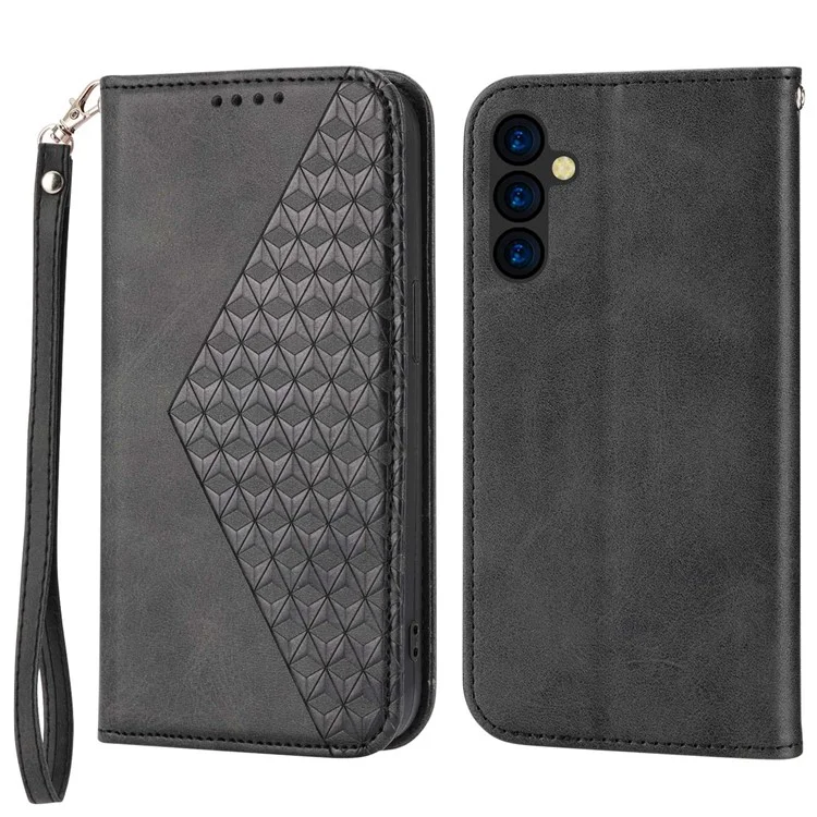 For Samsung Galaxy A14 5G / A14 4G Rhombus Pattern Calf Texture PU Leather Stand Case Wallet Phone Cover with Strap - Black
