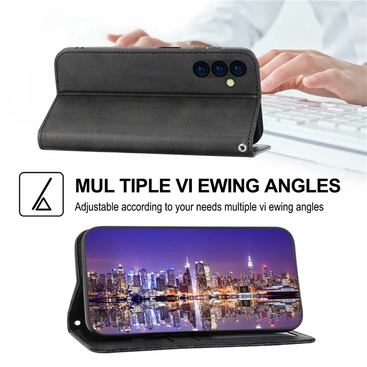 For Samsung Galaxy A14 5G / A14 4G Rhombus Pattern Calf Texture PU Leather Stand Case Wallet Phone Cover with Strap - Black