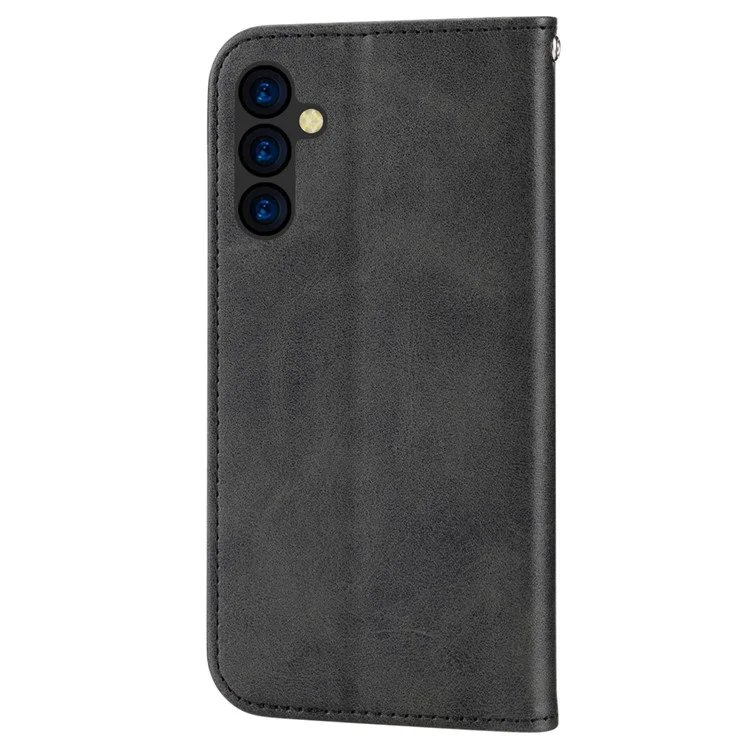 For Samsung Galaxy A14 5G / A14 4G Rhombus Pattern Calf Texture PU Leather Stand Case Wallet Phone Cover with Strap - Black