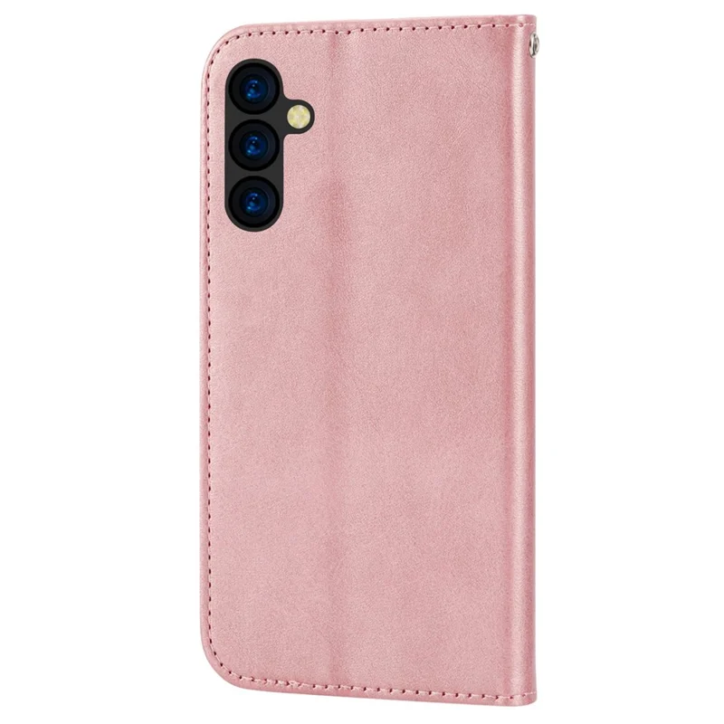 For Samsung Galaxy A14 5G / A14 4G Rhombus Pattern Calf Texture PU Leather Stand Case Wallet Phone Cover with Strap - Rose Gold