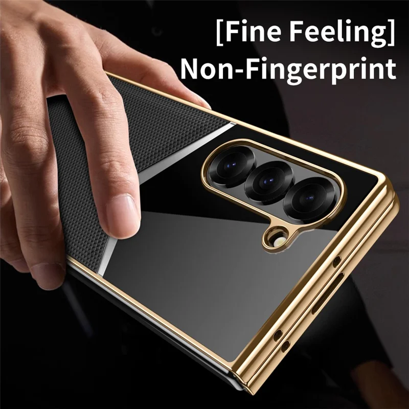 Étui en cuir de vache véritable + PC de conception contrastée pour Samsung Galaxy Z Fold5 5G avec protecteur d'écran - Noir