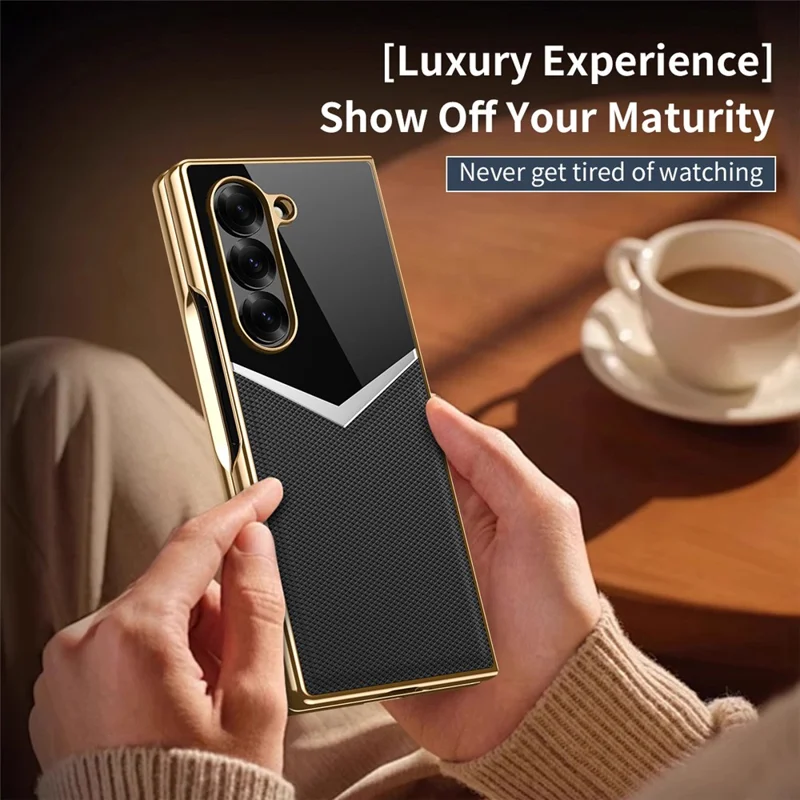 Étui en cuir de vache véritable + PC de conception contrastée pour Samsung Galaxy Z Fold5 5G avec protecteur d'écran - Noir