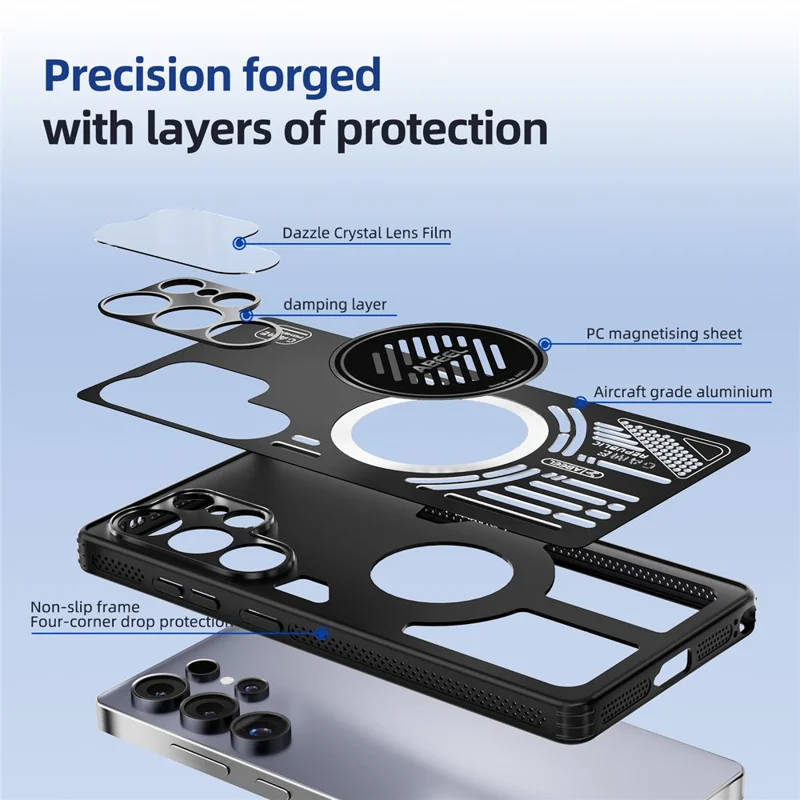 ABEEL Pour Samsung Galaxy S25+ Étui Magnétique en Alliage d'Aluminium + PC + TPU à Dissipation Thermique - Noir