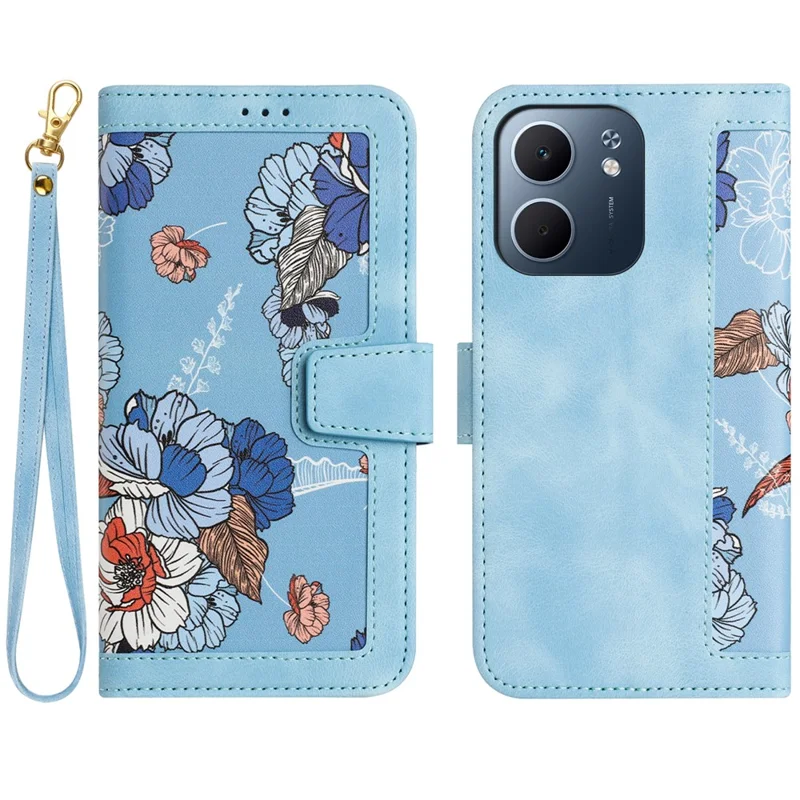 Cover per Oppo A5x 4G in Pelle PU con Motivo Floreale, Slot per Carte e Cinturino da Polso - Blu Pastello
