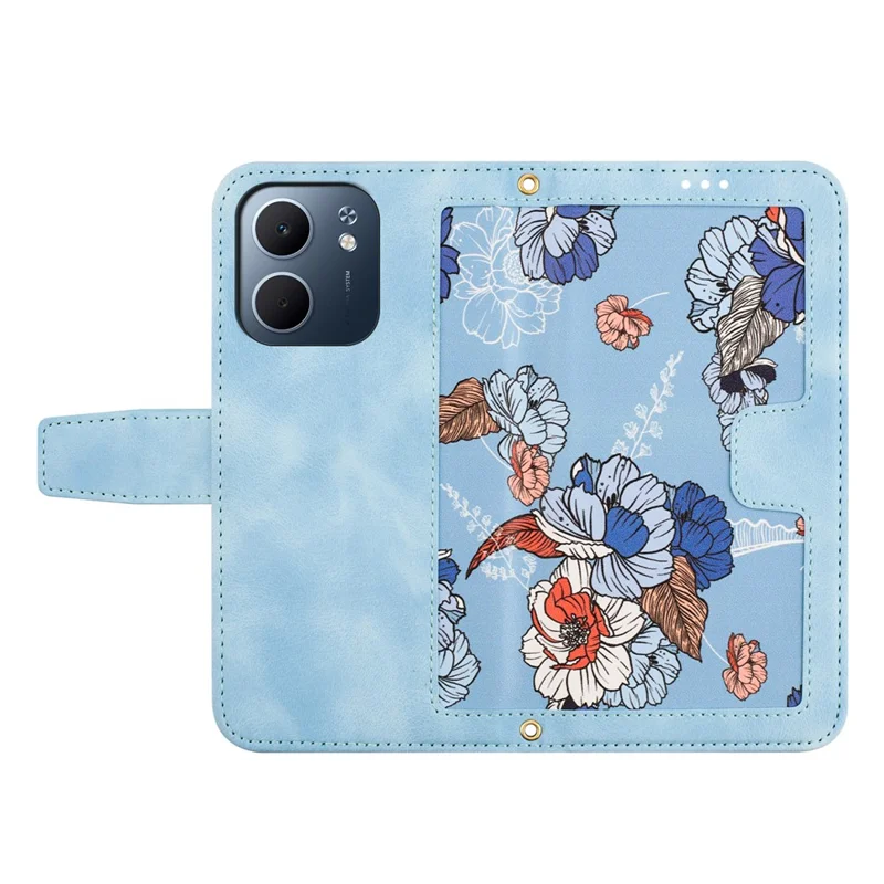 Cover per Oppo A5x 4G in Pelle PU con Motivo Floreale, Slot per Carte e Cinturino da Polso - Blu Pastello