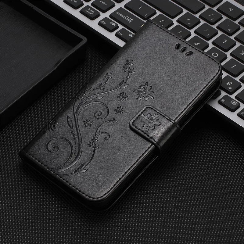 For Oppo A5x 4G Leather Wallet Case Butterfly Flower Imprint Phone Cover with Strap - Black