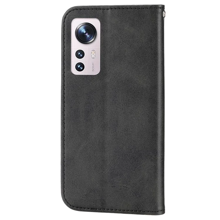 For Xiaomi 12X 5G / 12 5G / 12S 5G Cell Phone Case Imprinted Rhombus Pattern Calf Texture Stand Case Magnetic Auto Closing Wallet Phone Cover with Strap - Black