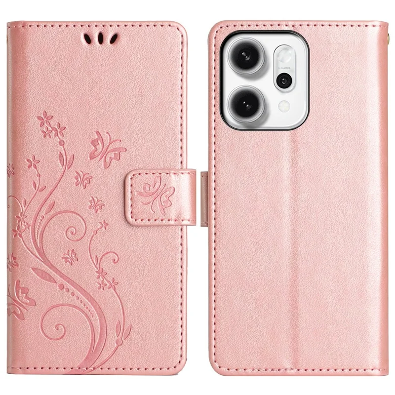 Para Oppo Reno14 Pro 5G (Global) / Reno13 Pro 5G Capa Carteira de Couro com Borboleta e Flores Estampadas com Alça - Ouro Rosa