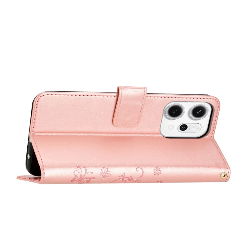 Para Oppo Reno14 Pro 5G (Global) / Reno13 Pro 5G Capa Carteira de Couro com Borboleta e Flores Estampadas com Alça - Ouro Rosa