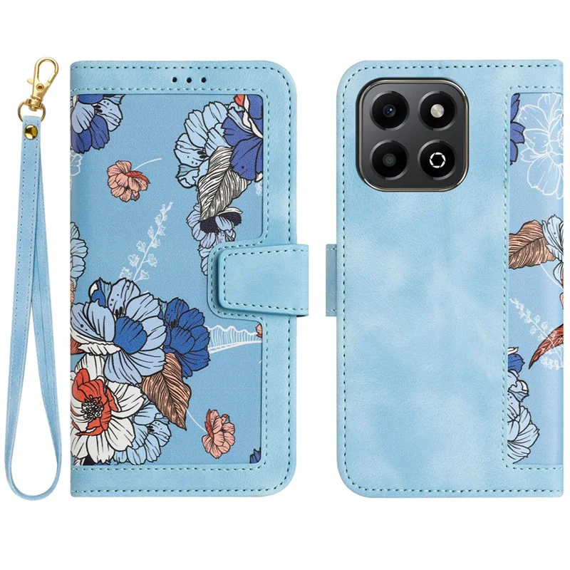 For Honor 400 Smart Case PU Leather Floral Phone Cover with Card Slots / Wrist Strap - Baby Blue