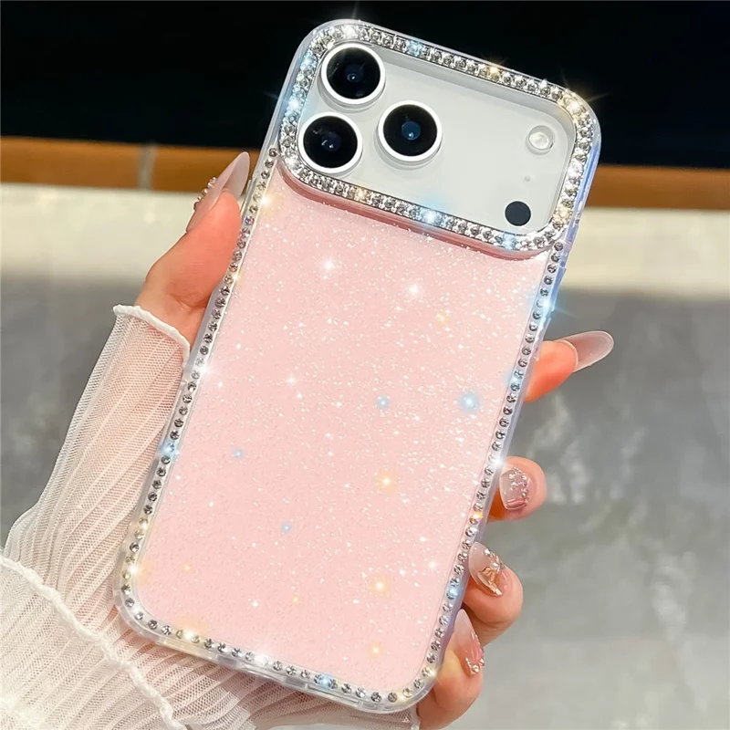Für iPhone 17 Pro Hülle mit Strasssteinkante Glitzer Rückseite TPU + PC IMD Handyhülle - Glitzer Hellrosa
