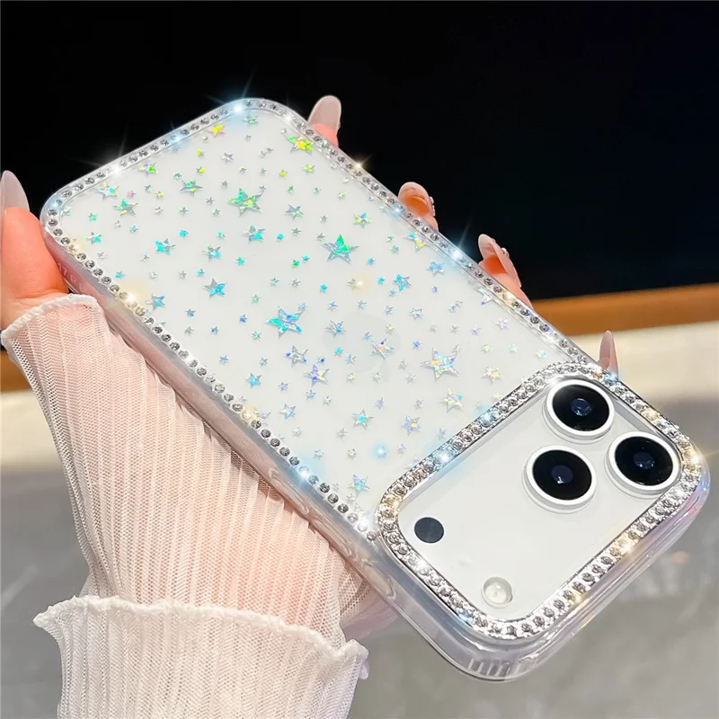Für iPhone 17 Pro Hülle mit Strasssteinkante Glitzer Rückseite TPU + PC IMD Handyhülle - Glitzer Hellrosa