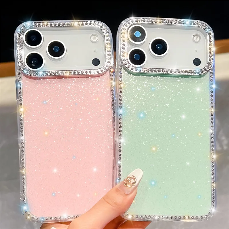 Für iPhone 17 Pro Hülle mit Strasssteinkante Glitzer Rückseite TPU + PC IMD Handyhülle - Glitzer Hellrosa