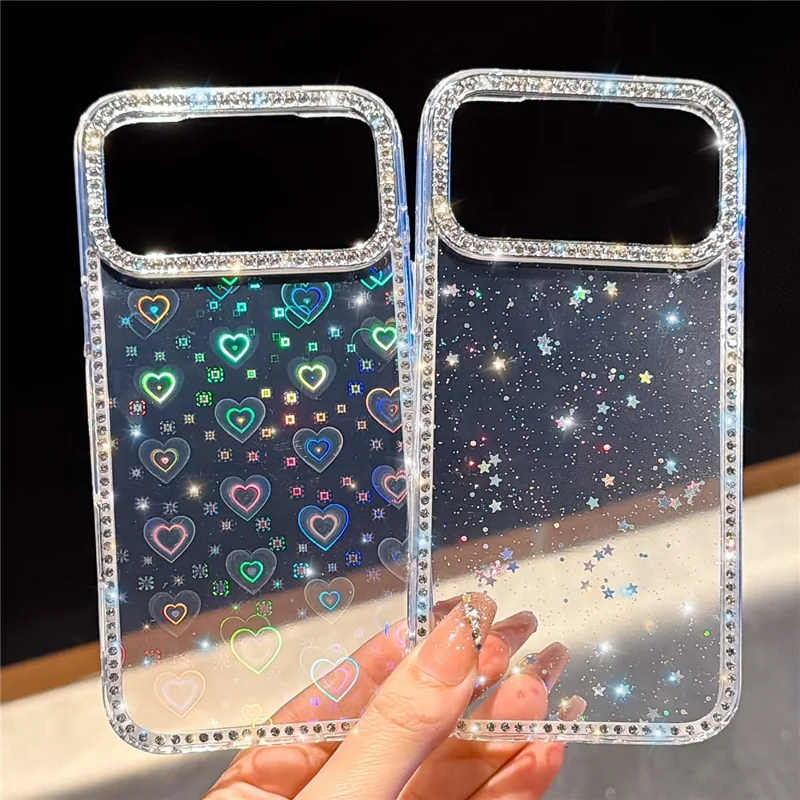 For iPhone 17 Pro Case Rhinestone Edge Glitter Back TPU + PC IMD Phone Cover - Glitter Little Stars