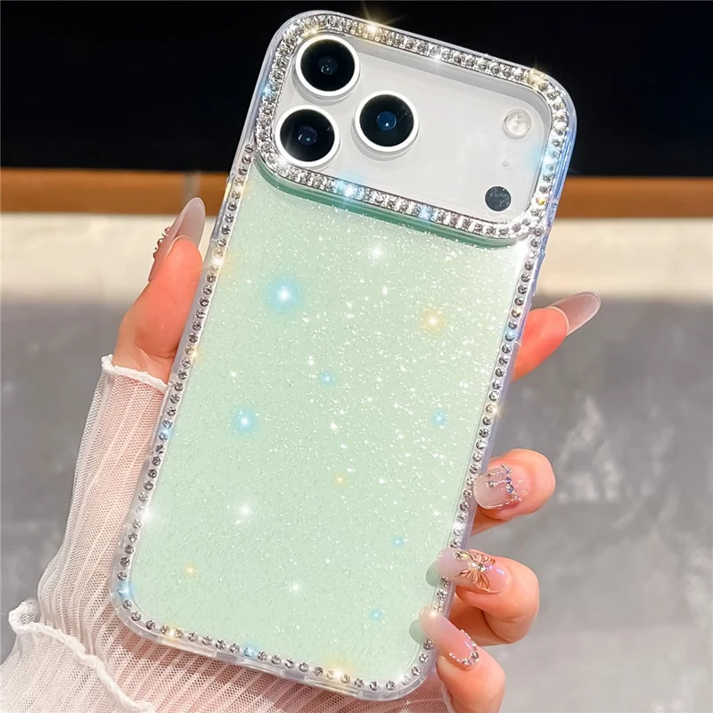 Capa para iPhone 17 Pro Max com Strass nas Bordas, Glitter nas Costas, TPU + PC - Verde Claro Brilhante