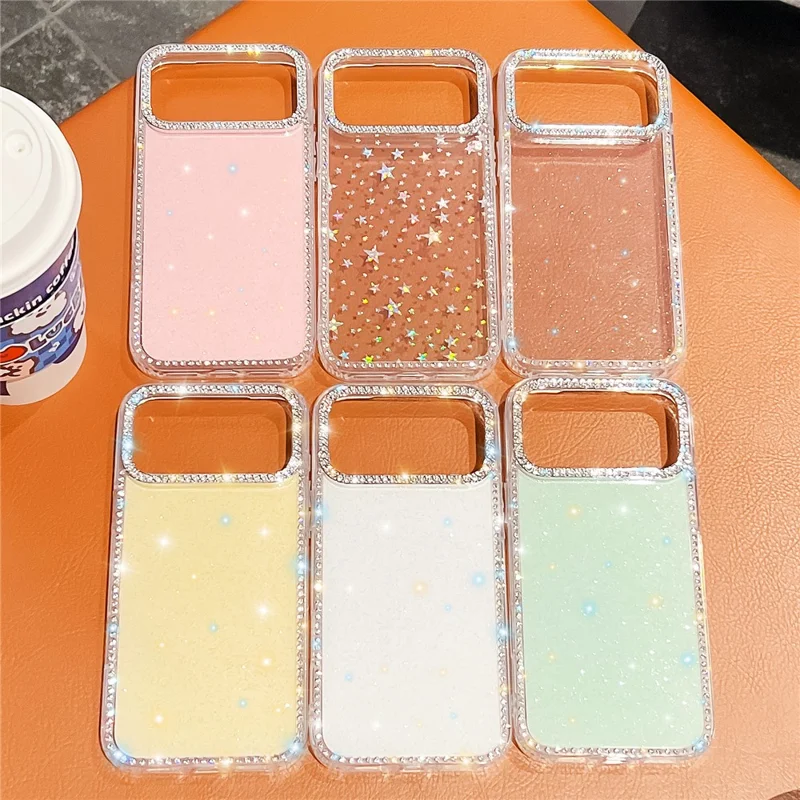 Capa para iPhone 17 Pro Max com Strass nas Bordas, Glitter nas Costas, TPU + PC - Verde Claro Brilhante