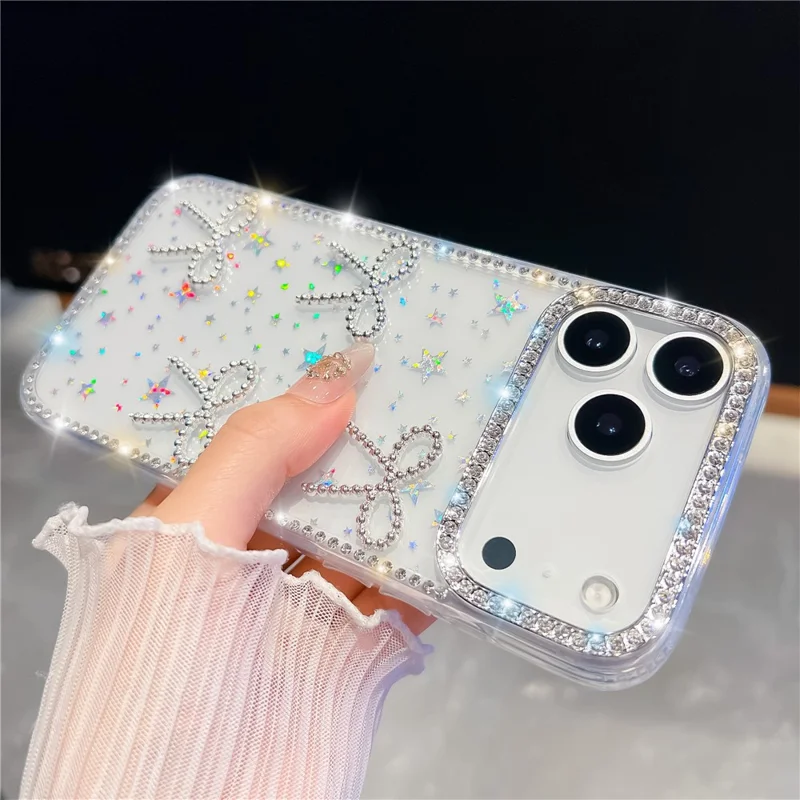 Für iPhone 17 Pro Hülle Strassstein-Rand Schmetterling Schleife Dekor TPU + PC IMD Handyhülle - Sternenklare Transparent