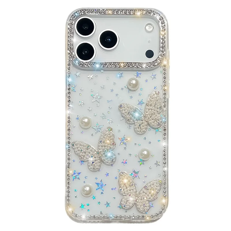 Per iPhone 17 Pro Custodia Bordo Rhinestone Perla Decorazione Farfalla TPU + PC IMD Custodia Telefonica - Trasparente Stellato